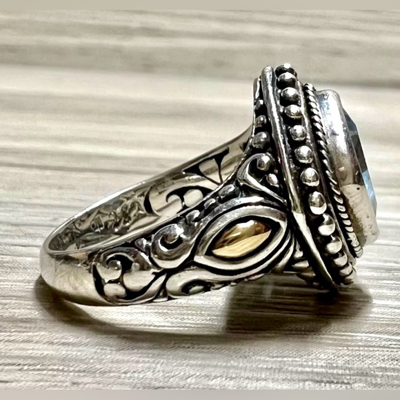 Vintage Designer (M ID) Sterling Silver & Gold Accented Blue Topaz Ring - Picture 5 of 11